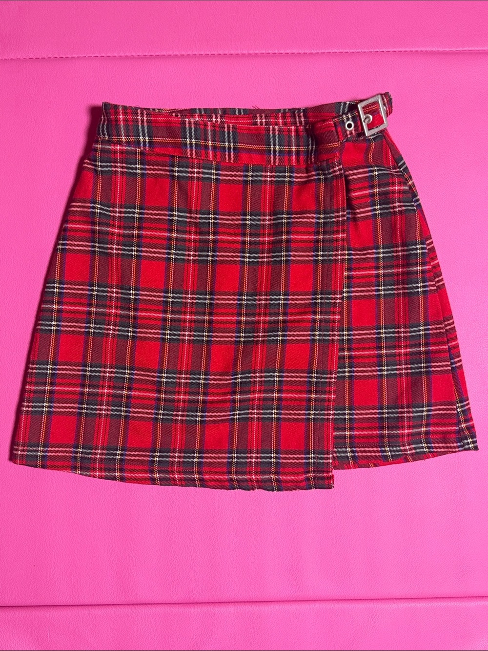 Red Plaid Wrap Mini Skirt with Buckle Detail